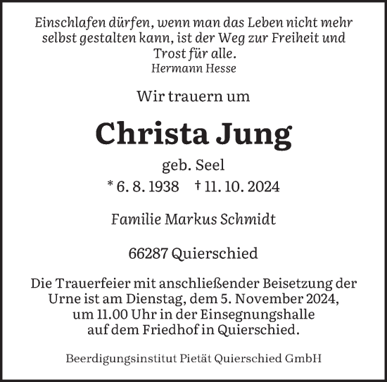Todesanzeige von Christa Jung von saarbruecker_zeitung
