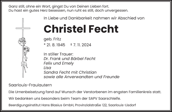 Todesanzeige von Christel Fecht von saarbruecker_zeitung