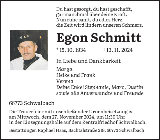 Todesanzeige von Egon Schmitt von saarbruecker_zeitung