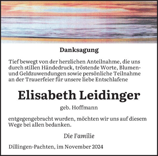 Todesanzeige von Elisabeth Leidinger von saarbruecker_zeitung