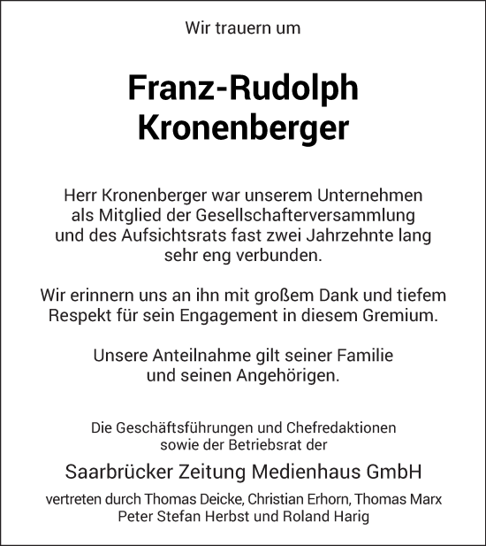 Todesanzeige von Franz-Rudolph Kronenberger von saarbruecker_zeitung