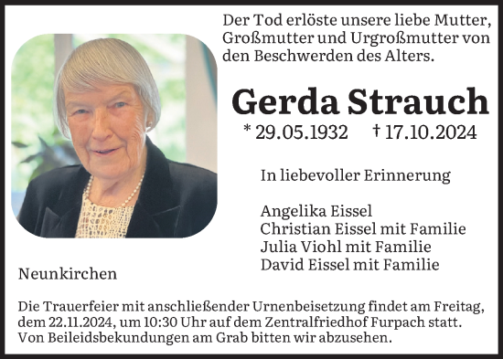 Todesanzeige von Gerda Strauch von saarbruecker_zeitung