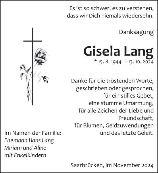 Todesanzeige von Gisela Lang von saarbruecker_zeitung