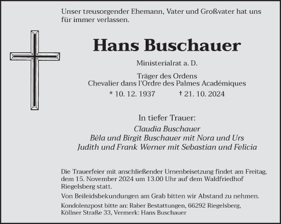 Todesanzeige von Hans Buschauer von saarbruecker_zeitung