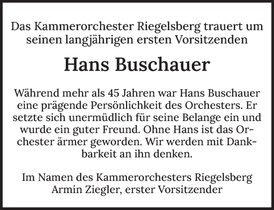 Todesanzeige von Hans Buschauer von saarbruecker_zeitung
