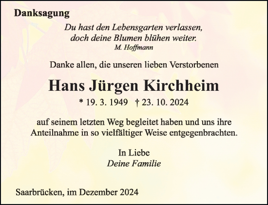 Todesanzeige von Hans Jürgen Kirchheim von saarbruecker_zeitung