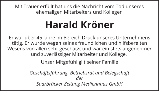 Todesanzeige von Harald Kröner von saarbruecker_zeitung