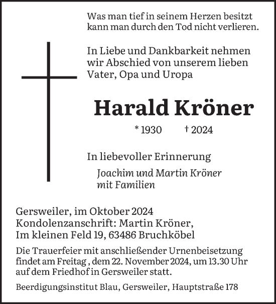 Todesanzeige von Harald Kröner von saarbruecker_zeitung