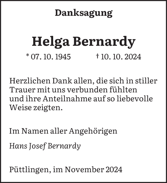 Todesanzeige von Helga Bernardy von saarbruecker_zeitung