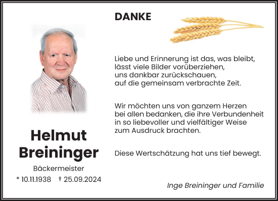 Todesanzeige von Helmut Breininger von saarbruecker_zeitung