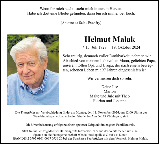Todesanzeige von Helmut Malak von saarbruecker_zeitung