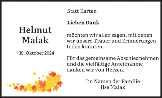Todesanzeige von Helmut Malak von saarbruecker_zeitung