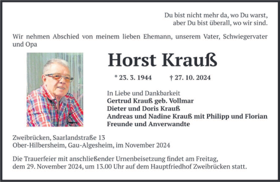 Todesanzeige von Horst Krauß von saarbruecker_zeitung