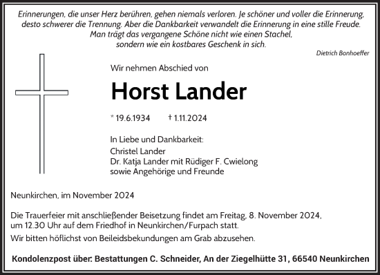 Todesanzeige von Horst Lander von saarbruecker_zeitung