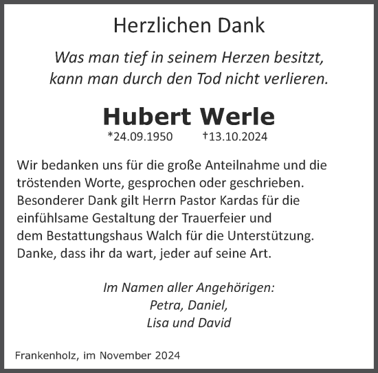 Todesanzeige von Hubert Werle von saarbruecker_zeitung