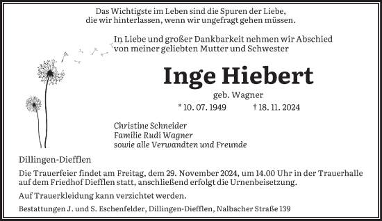Todesanzeige von Inge Hiebert von saarbruecker_zeitung