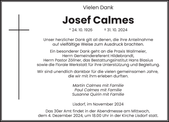 Todesanzeige von Josef Calmes von saarbruecker_zeitung