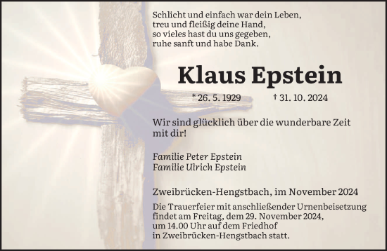 Todesanzeige von Klaus Epstein von saarbruecker_zeitung