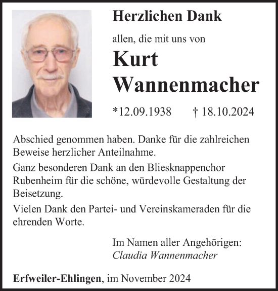 Todesanzeige von Kurt Wannenmacher von saarbruecker_zeitung