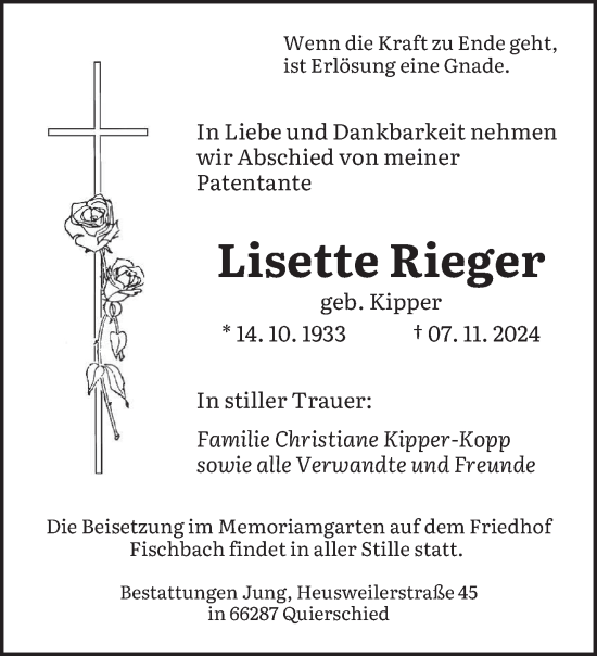 Todesanzeige von Lisette Rieger von saarbruecker_zeitung