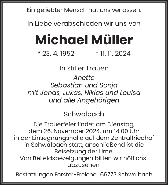Todesanzeige von Michael Müller von saarbruecker_zeitung