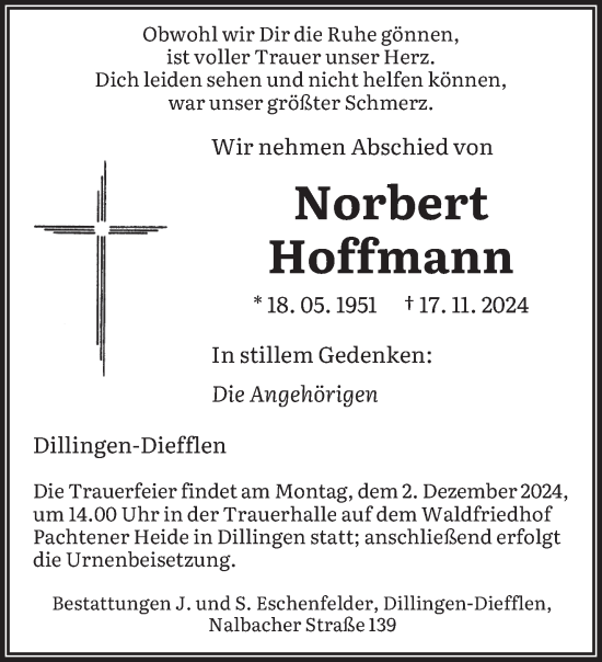 Todesanzeige von Norbert Hoffmann von saarbruecker_zeitung