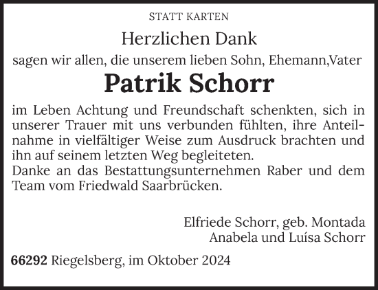 Todesanzeige von Patrik Schorr von saarbruecker_zeitung