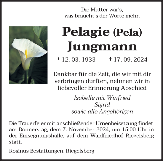 Todesanzeige von Pelagie Jungmann von saarbruecker_zeitung