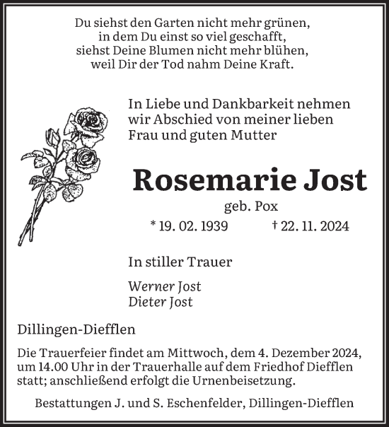 Todesanzeige von Rosemarie Jost von saarbruecker_zeitung