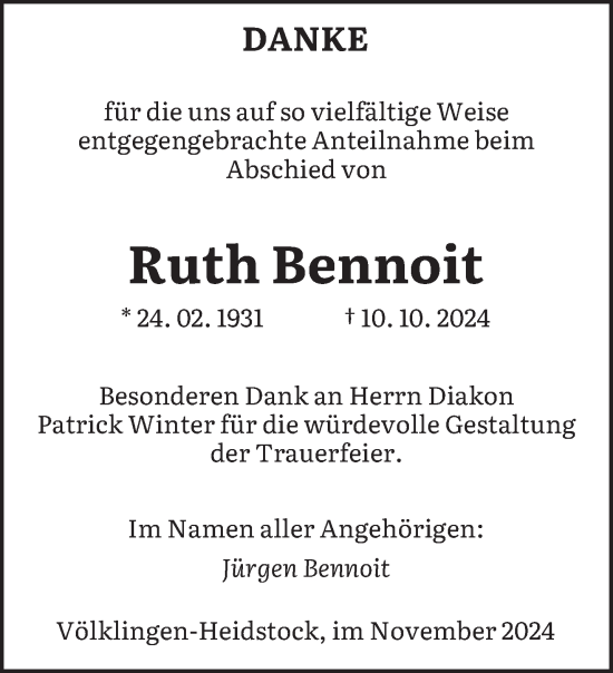 Todesanzeige von Ruth Bennoit von saarbruecker_zeitung