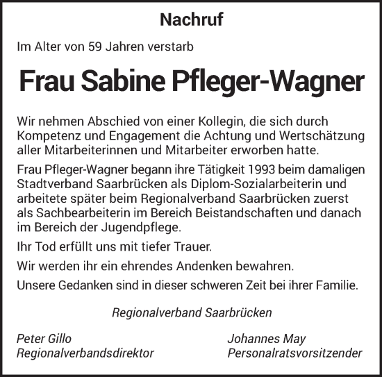 Todesanzeige von Sabine Pfleger-Wagner von saarbruecker_zeitung