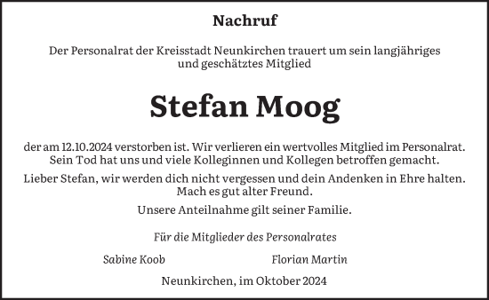 Todesanzeige von Stefan Moog von saarbruecker_zeitung