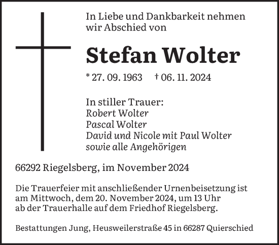 Todesanzeige von Stefan Wolter von saarbruecker_zeitung