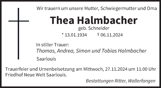 Todesanzeige von Thea Halmbacher von saarbruecker_zeitung