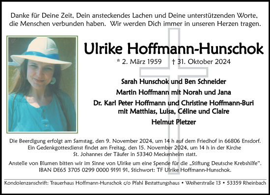 Todesanzeige von Ulrike Hoffmann-Hunschok von saarbruecker_zeitung