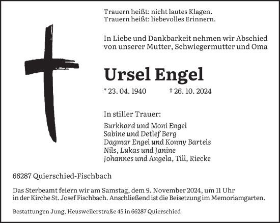 Todesanzeige von Ursel Engel von saarbruecker_zeitung