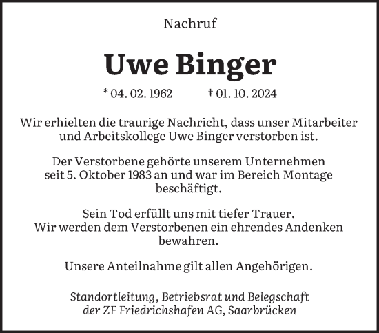 Todesanzeige von Uwe Binger von saarbruecker_zeitung