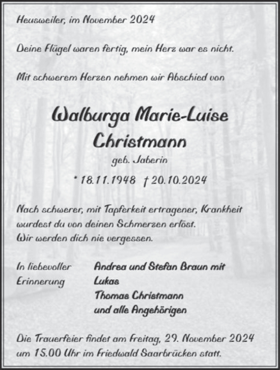 Todesanzeige von Walburga Marie-Luise Chrsitmann von saarbruecker_zeitung