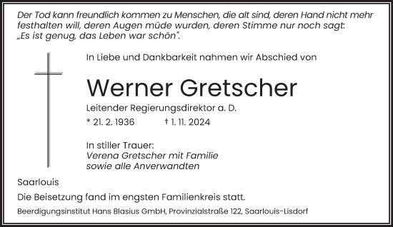 Todesanzeige von Werner Gretscher von saarbruecker_zeitung
