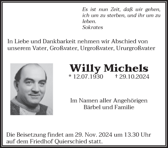 Todesanzeige von Willy Michels von saarbruecker_zeitung