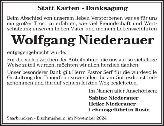 Todesanzeige von Wolfgang Niederauer von saarbruecker_zeitung