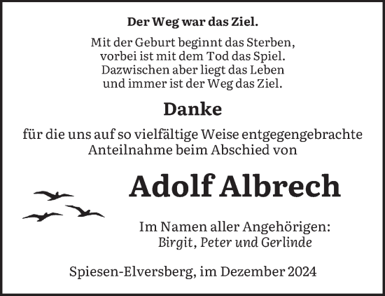 Todesanzeige von Adolf Albrech von saarbruecker_zeitung