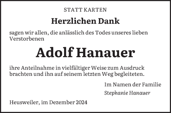 Todesanzeige von Adolf Hanauer von saarbruecker_zeitung