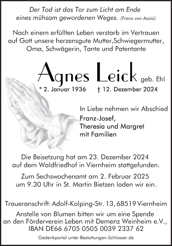 Todesanzeige von Agnes Leick von saarbruecker_zeitung