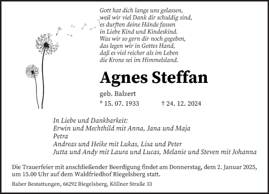 Todesanzeige von Agnes Steffan von saarbruecker_zeitung