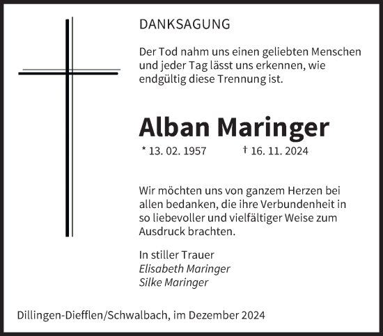 Todesanzeige von Alban Maringer von saarbruecker_zeitung