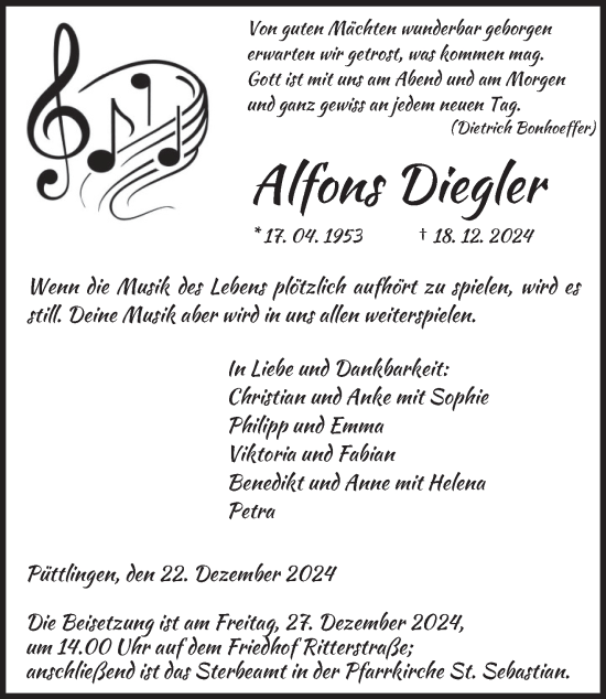 Todesanzeige von Alfons Diegler von saarbruecker_zeitung