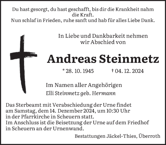 Todesanzeige von Andreas Steinmetz von saarbruecker_zeitung