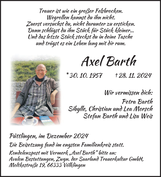 Todesanzeige von Axel Barth von saarbruecker_zeitung