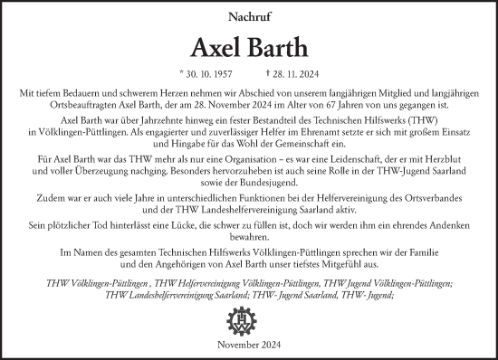 Todesanzeige von Axel Barth von saarbruecker_zeitung